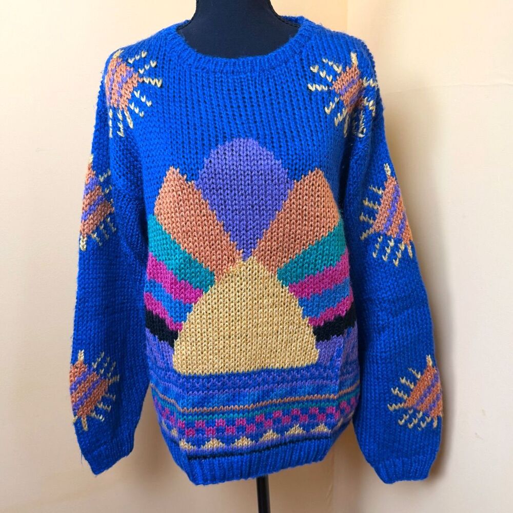 Vintage 80s Hand Knit Sun Sweater Blue Chunky Geometric Intarsia Abstract Whimsy